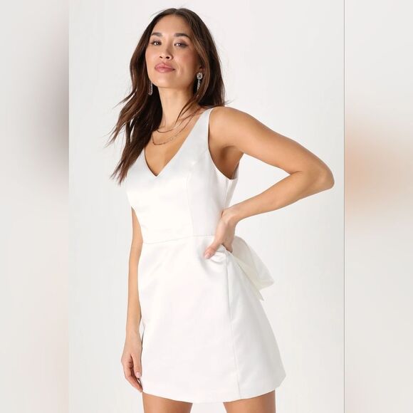 Lulus Charming Celebration White Taffeta Bow Mini Dress XS - Picture 4 of 9